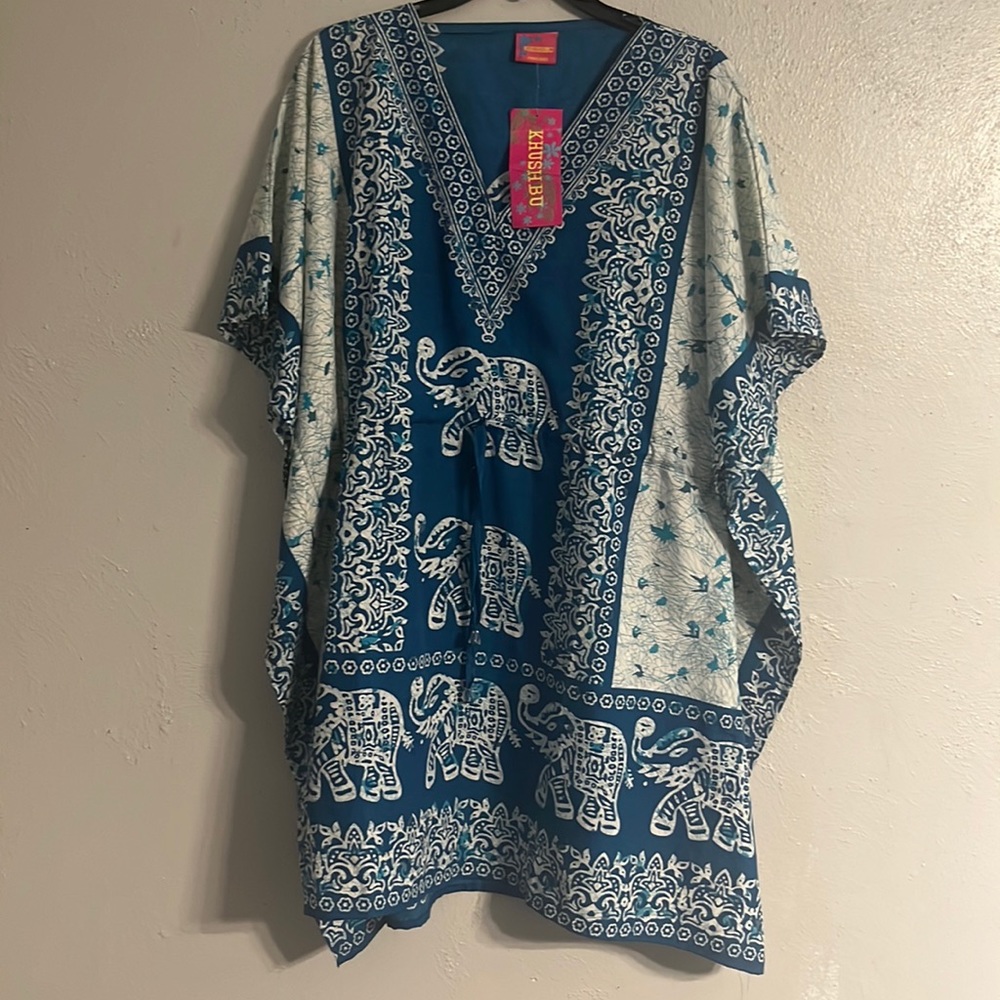 NWT KHUSHBU woman’s large tunic swim cover shirt dress with elephants
